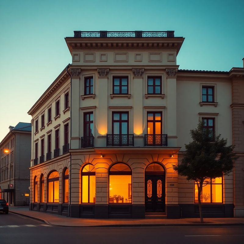 Fațadă neoclasică crem cu rame bordo la fereastră, lumină caldă din interior la apus, Galați
