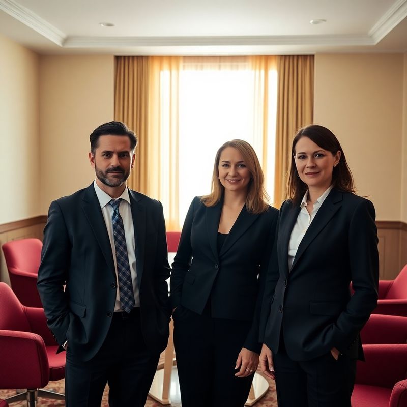 Trei profesioniști într-o sală de consiliu crem cu accente bordo